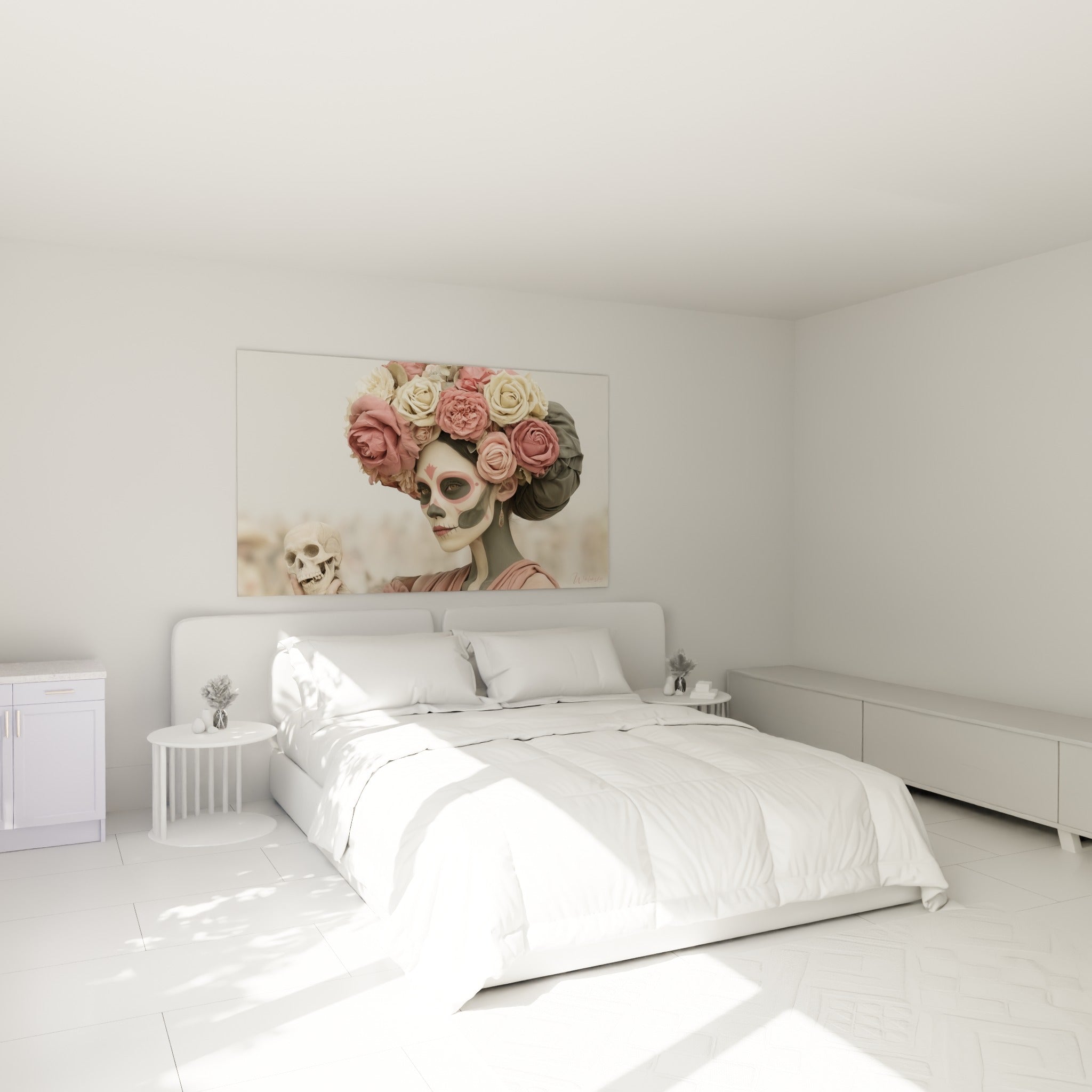 Visage peint aux tons roses et gris de cette Catrina, tableau Dia de los Muertos au-dessus d'un lit dans une chambre claire