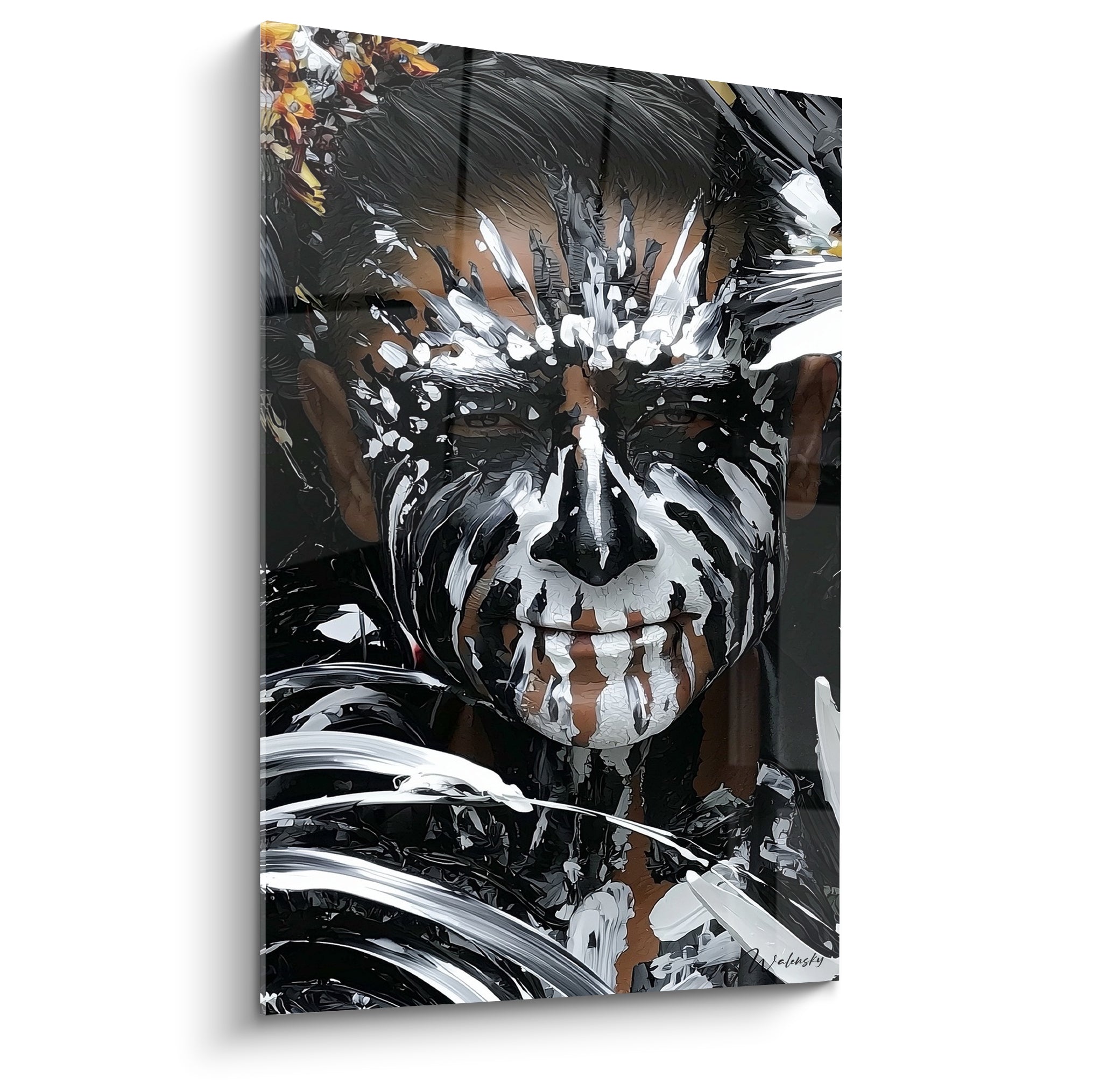 Visage peint noir et blanc Dia de los Muertos, regard intense, matière picturale dense