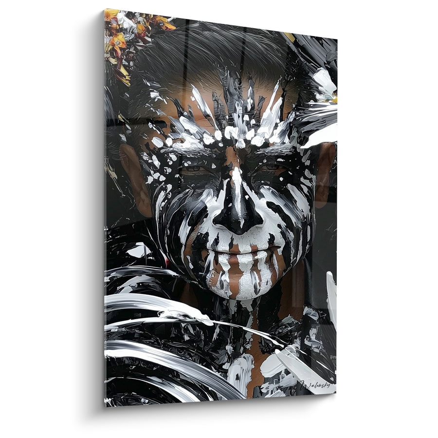 Tableau Visage peint noir et blanc aux éclats fragmentés - Fleurs jaunes en coin - Edition Dia de los Muertos