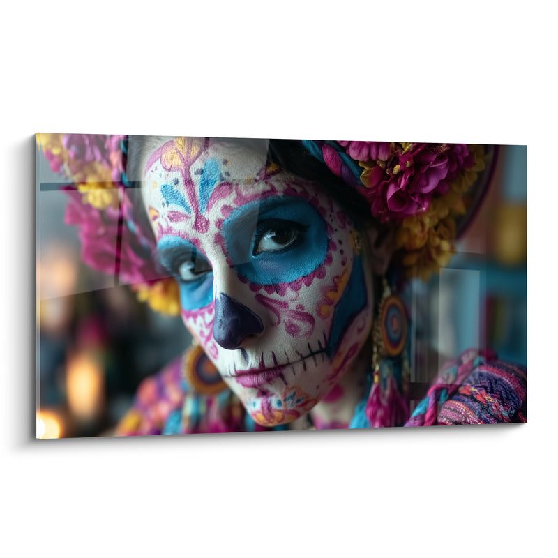 Tableau Visage peint aux fleurs roses et bleues - Regard d'outre-tombe - Edition Dia de los Muertos