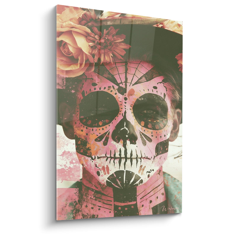 Tableau Visage peint rose et noir aux fleurs pastel - Toile de verre inclinée - Edition Dia de los Muertos