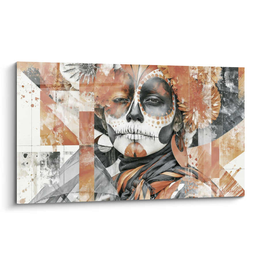 Tableau Visage peint terracotta et gris à l'écharpe grise - Fond géométrique éclaboussé - Edition Dia de los Muertos