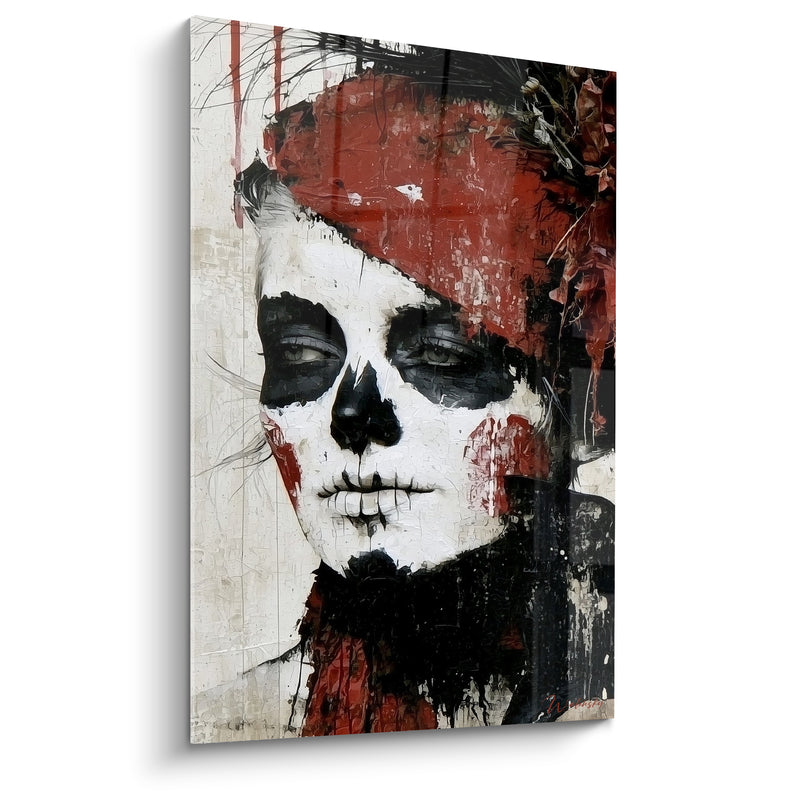 Tableau Visage peint rouge et blanc aux coulures noires - Regard mélancolique voilé - Edition Dia de los Muertos