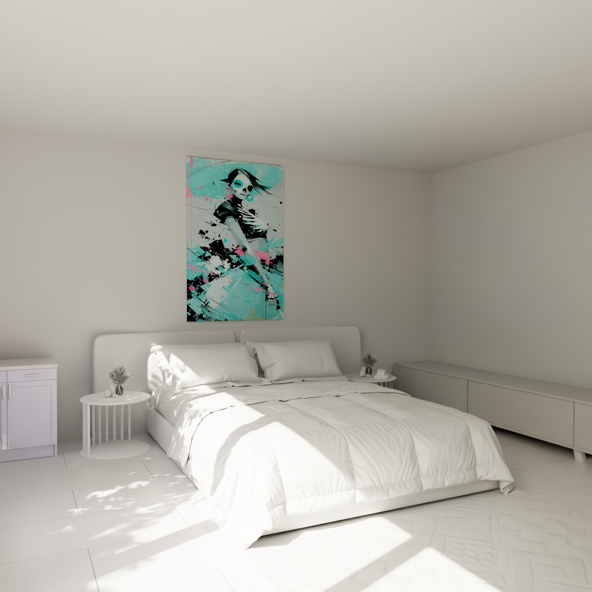 Silhouette de Catrina anthracite et turquoise accrochée au-dessus d'un lit dans une chambre claire
