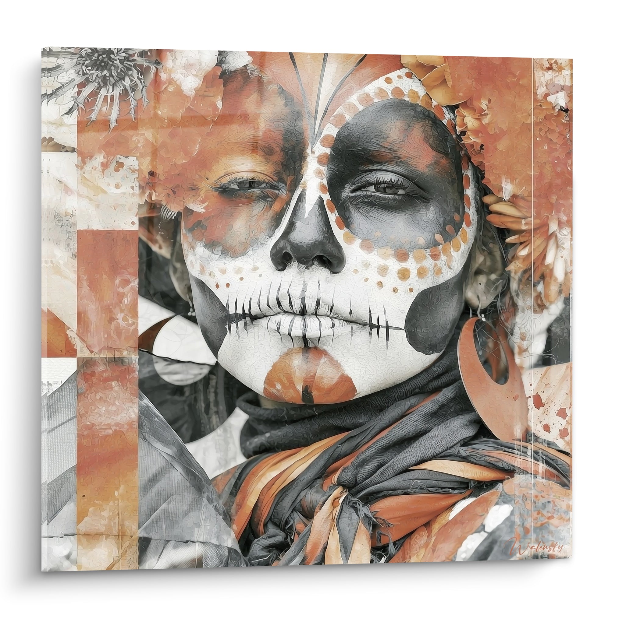 Visage peint Dia de los Muertos aux tons terracotta et anthracite, regard fixe et maquillage crânien orné