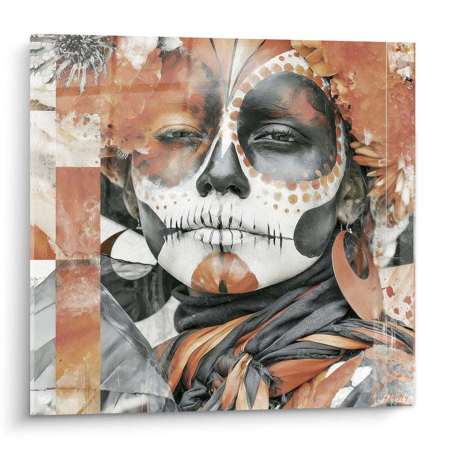 Tableau Visage peint terracotta et gris à l'écharpe drapée - Boucle d'oreille ovale - Edition Dia de los Muertos