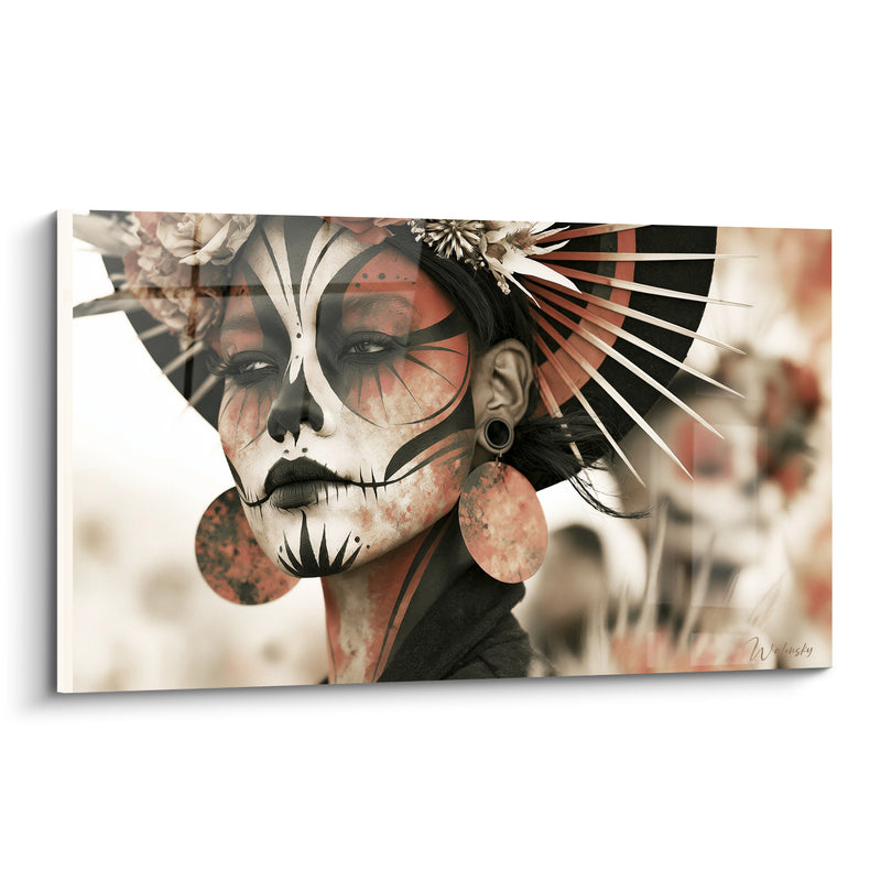 Tableau Visage peint terracotta et noir en éventail - Rite de mémoire - Edition Dia de los Muertos