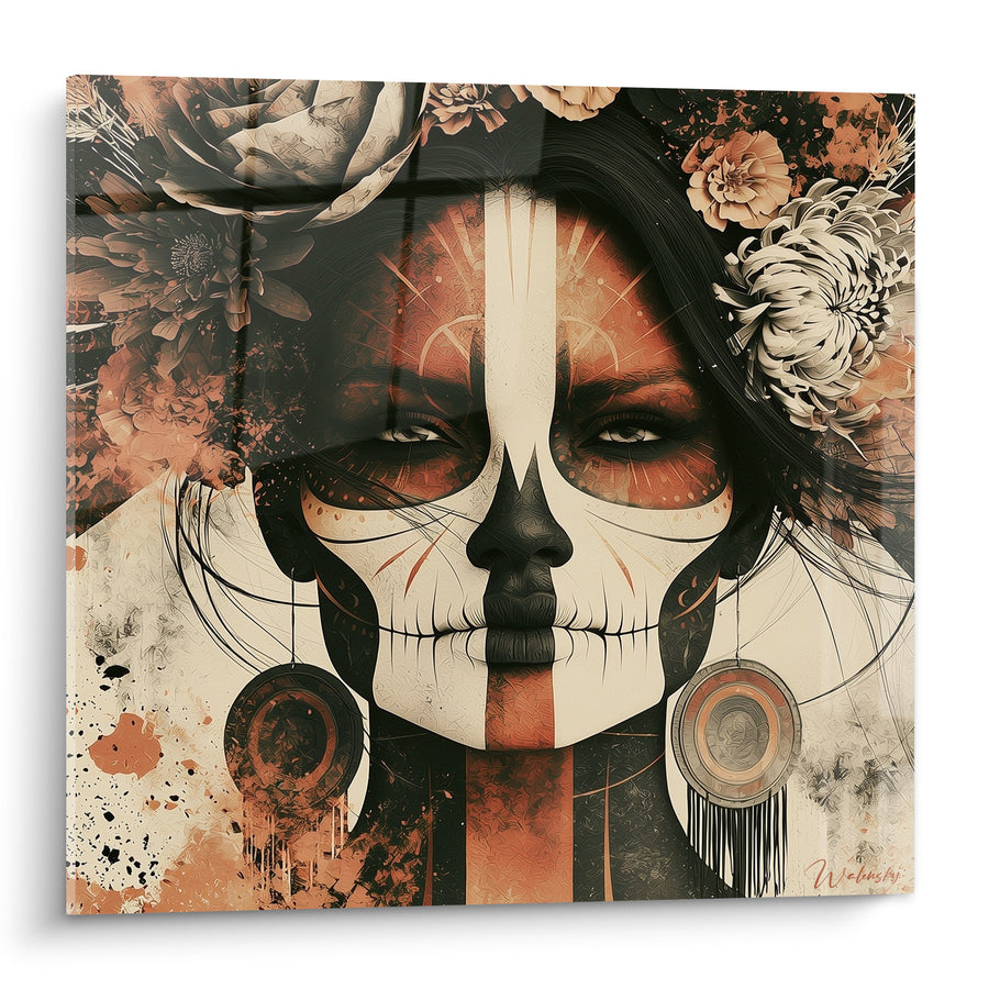 Tableau Visage peint terracotta et ivoire aux boucles rondes - Chevelure noire fleurie - Edition Dia de los Muertos