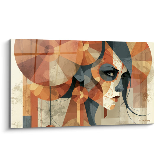 Femme masquée du Dia de los Muertos aux tons terracotta et bleu ardoise, motifs géométriques éclatés
