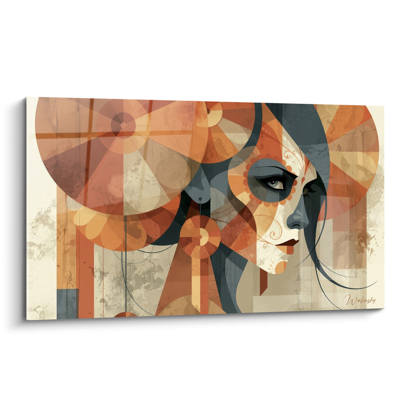Tableau Visage terracotta aux motifs floraux géométriques - Regard voilé - Edition Dia de los Muertos