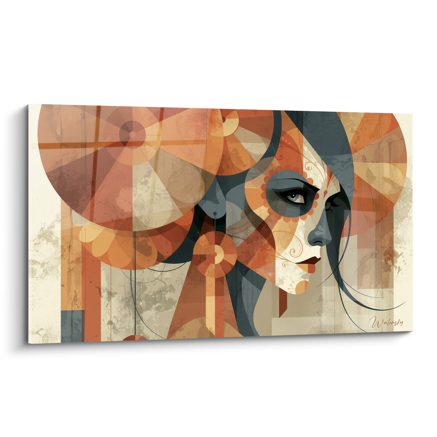 Tableau Visage terracotta aux motifs floraux géométriques - Regard voilé - Edition Dia de los Muertos