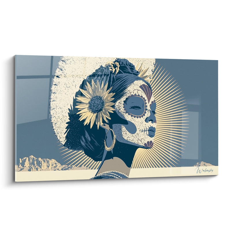 Tableau Visage peint bleu et ivoire au tournesol solaire - Rayons dorés en éventail - Edition Dia de los Muertos