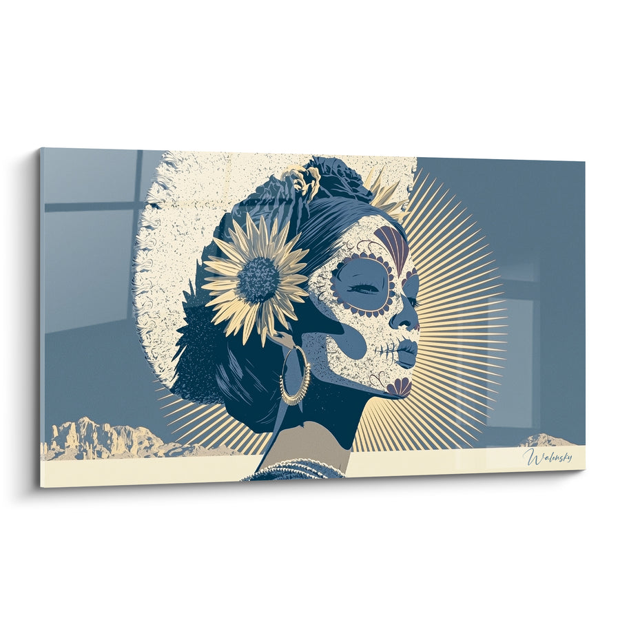 Tableau Visage peint bleu et ivoire au tournesol solaire - Rayons dorés en éventail - Edition Dia de los Muertos