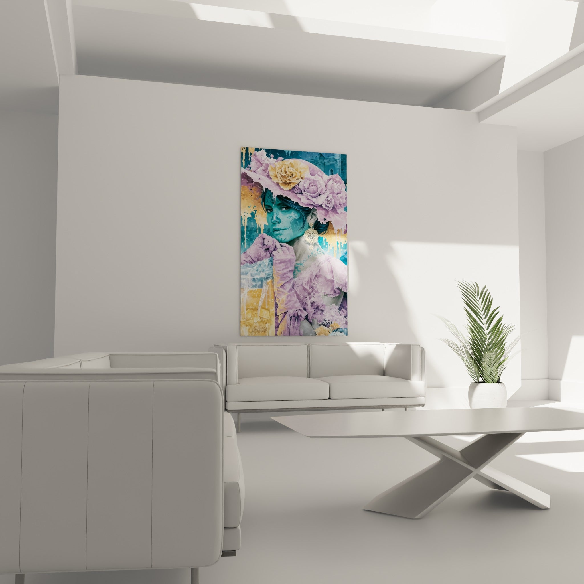 Femme peinte façon Catrina, roses lilas et dorées, suspendue au-dessus d'un canapé dans un salon lumineux