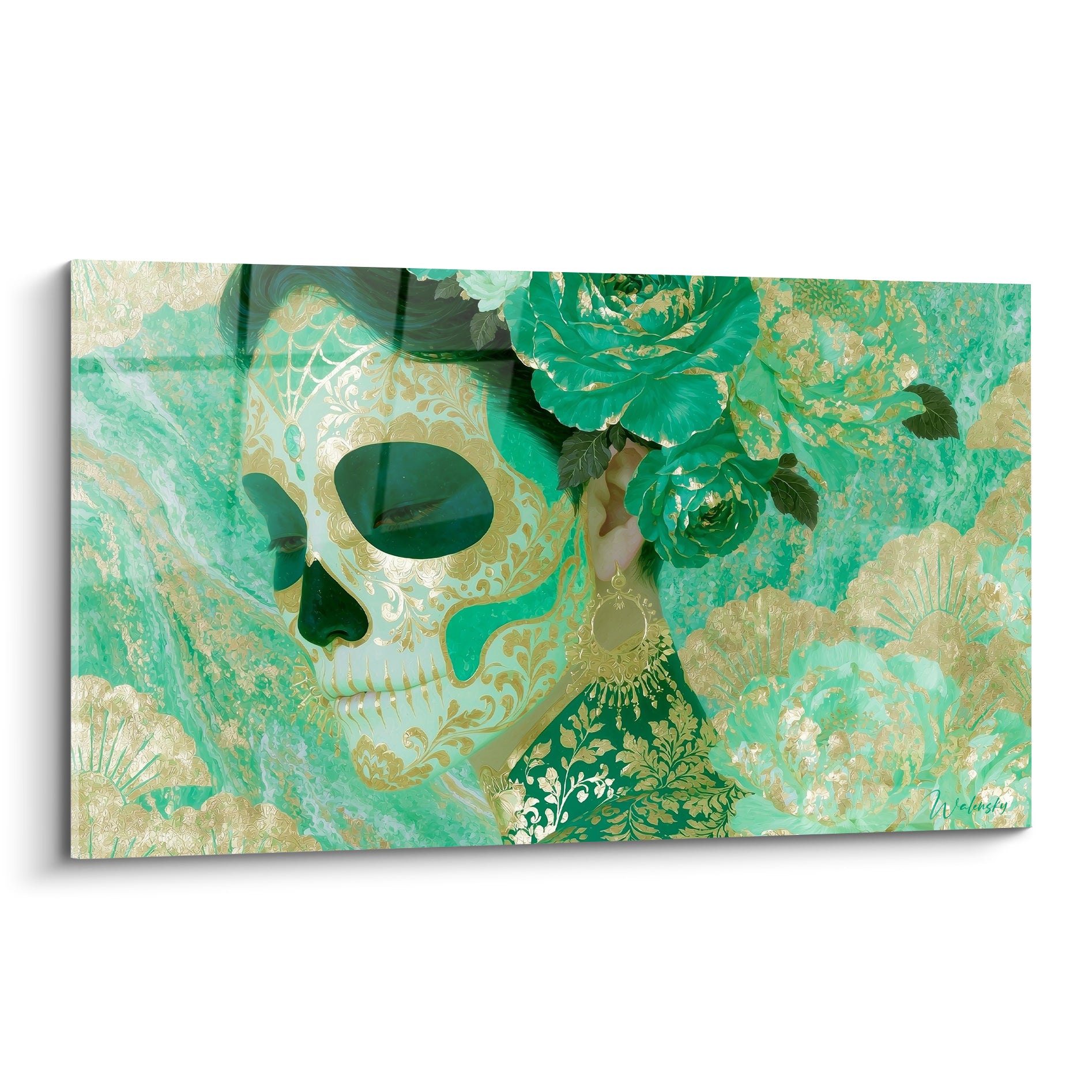 Visage maquillé Dia de los Muertos en vert émeraude et doré, orné de roses vert sauge