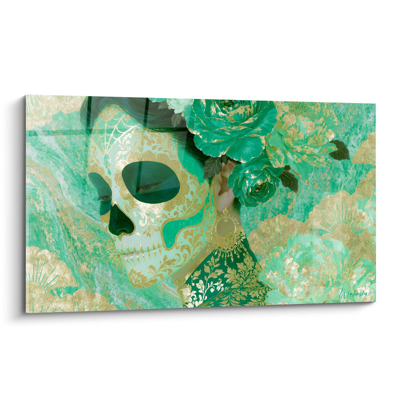 Tableau Visage peint émeraude et doré aux roses géantes - Boucle d'oreille pendante ornée - Edition Dia de los Muertos