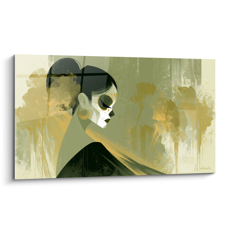 Tableau Visage peint vert olive et doré au chignon - Boucle d'oreille ronde - Edition Dia de los Muertos