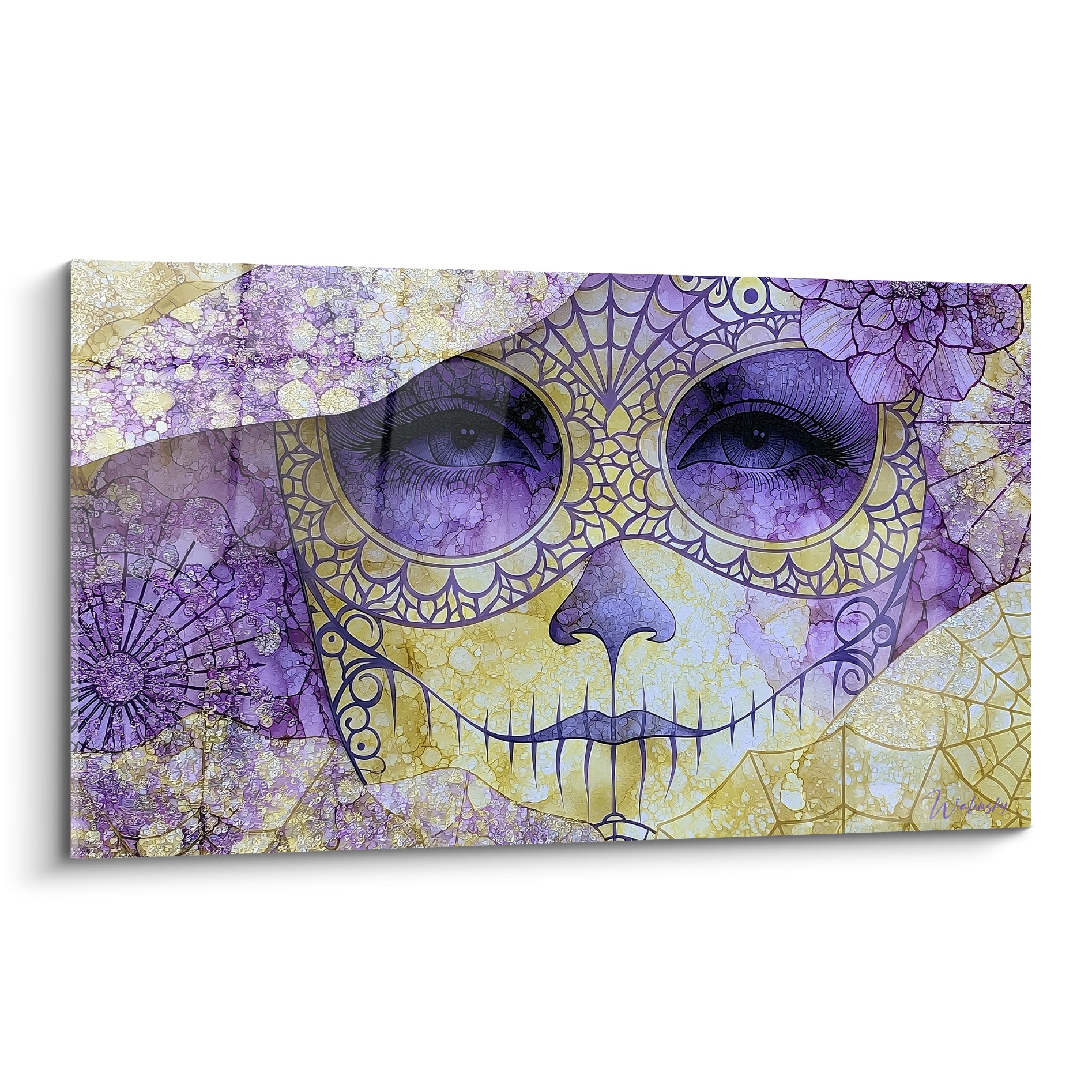 Visage masqué Dia de los Muertos violet et doré aux yeux perçants et motifs dentelés
