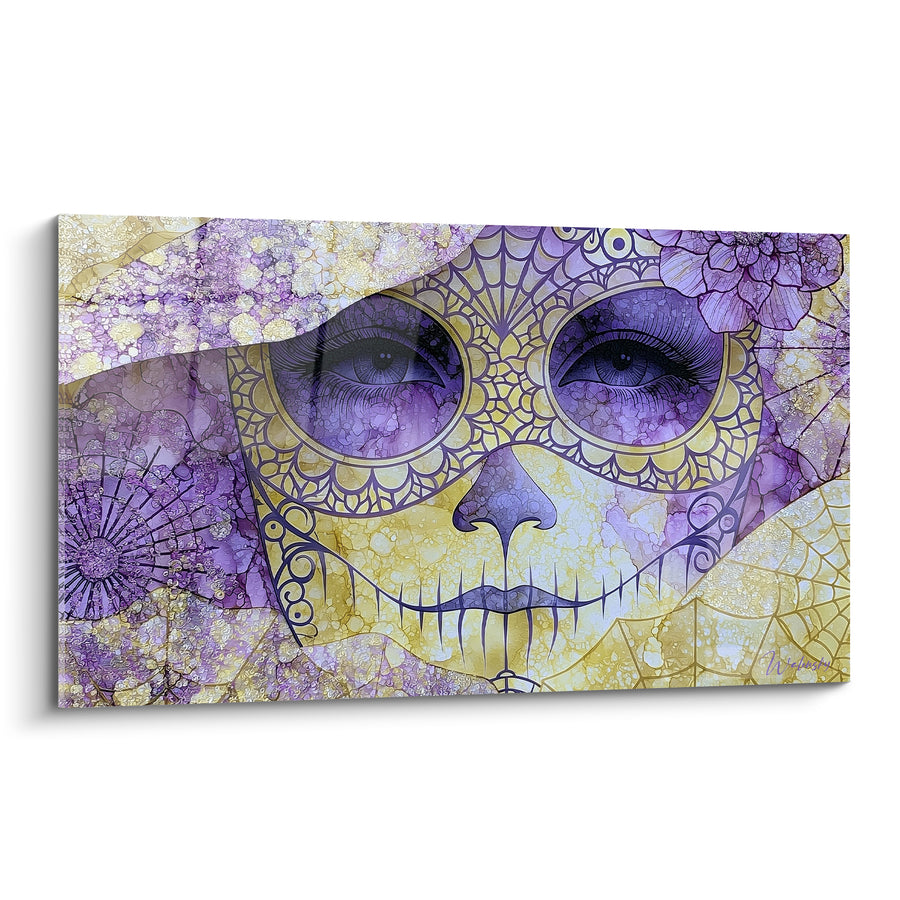 Tableau Visage masqué violet et doré à toiles - Regard derrière le voile - Edition Dia de los Muertos