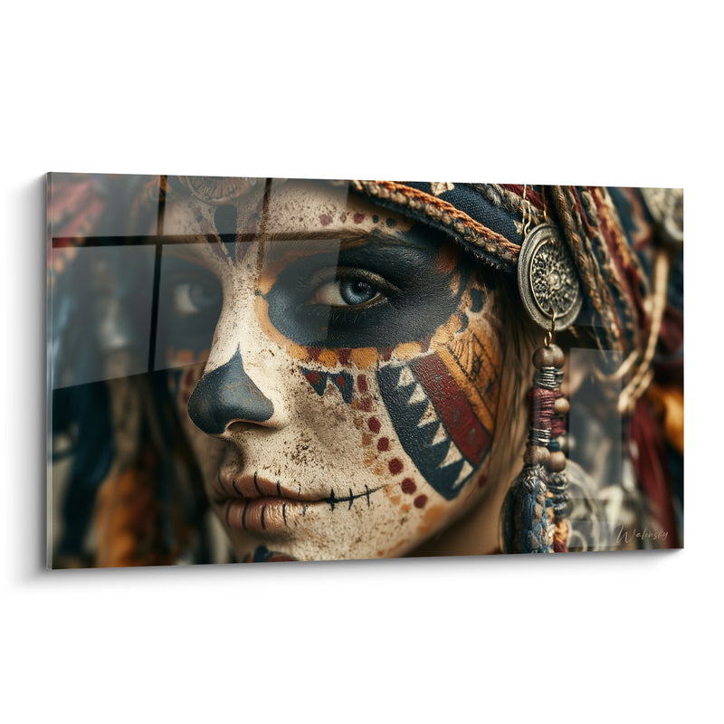 Tableau Visage peint aux yeux bleus perçants - Regard du souvenir - Edition Dia de los Muertos