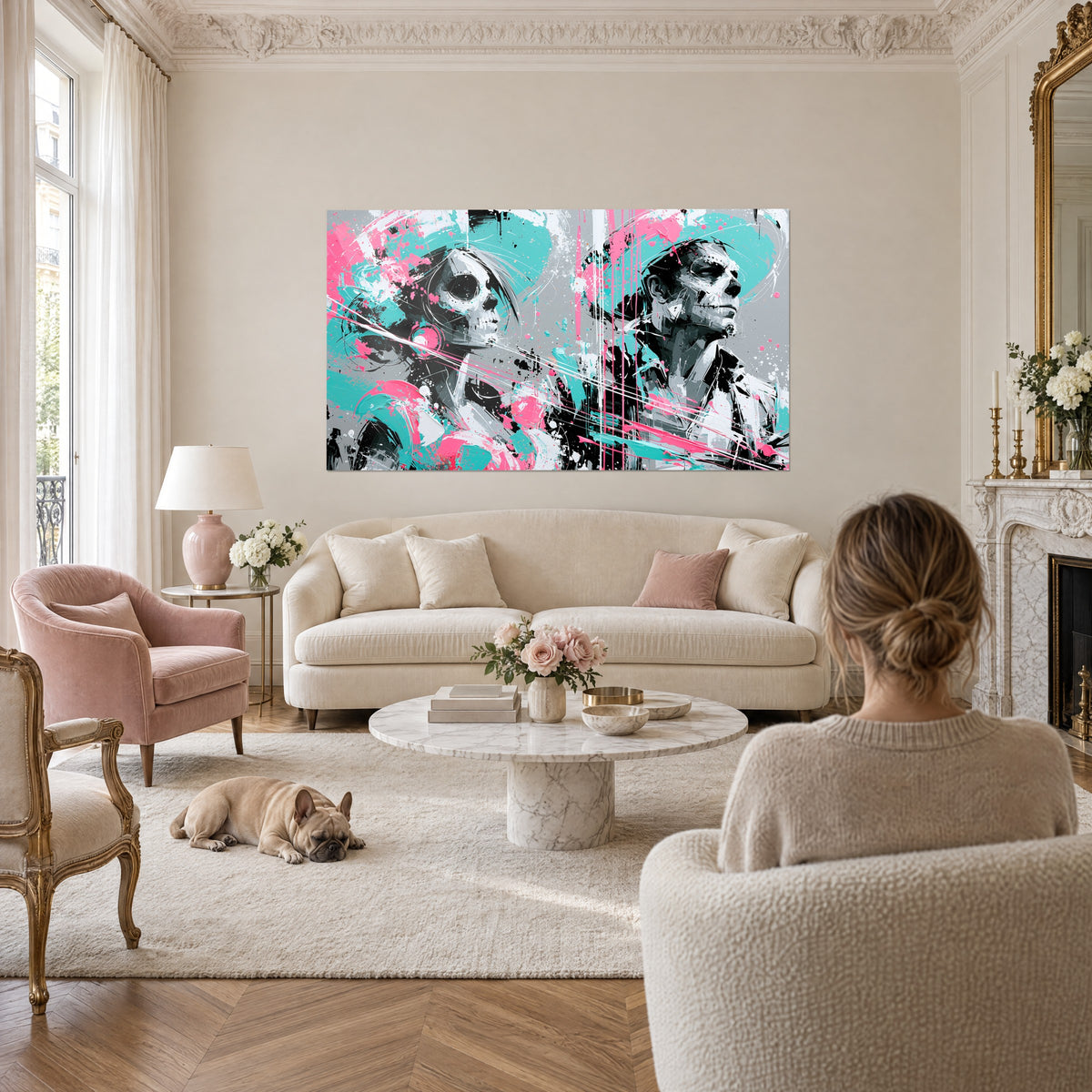 Wall art of two stylized skulls with pink and turquoise paint splashes, grey background, woman seen from behind, bulldog, above a sofa in a bright living room