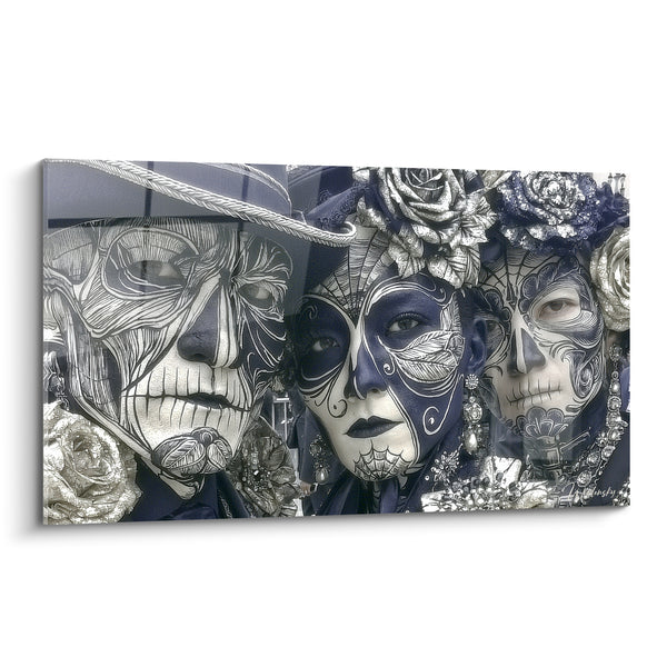 Tableau Trio de visages bleu marine et argenté aux roses scintillantes - Chapeau à corde blanche - Edition Dia de los Muertos