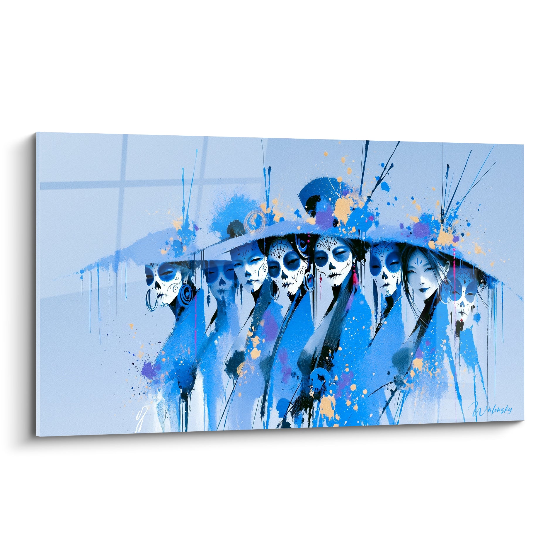 Visages peints bleu marine et blanc, crânes traditionnels sous un chapeau, éclaboussures dorées Dia de los Muertos
