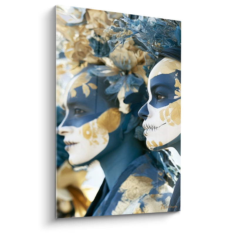Tableau Visages peints bleu et doré au profil superposé - Couronne florale bleutée - Edition Dia de los Muertos