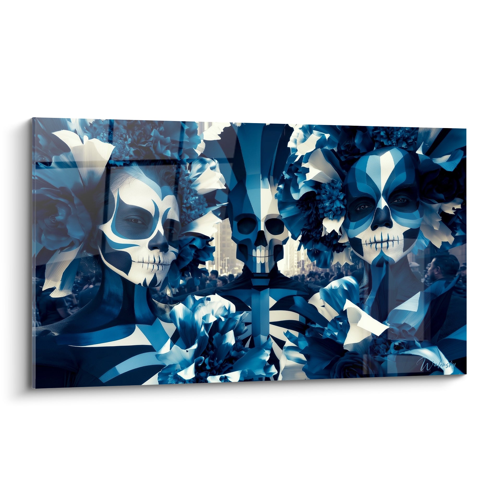 Visages peints bleu marine et blanc entourant un crâne fleuri, tableau Dia de los Muertos