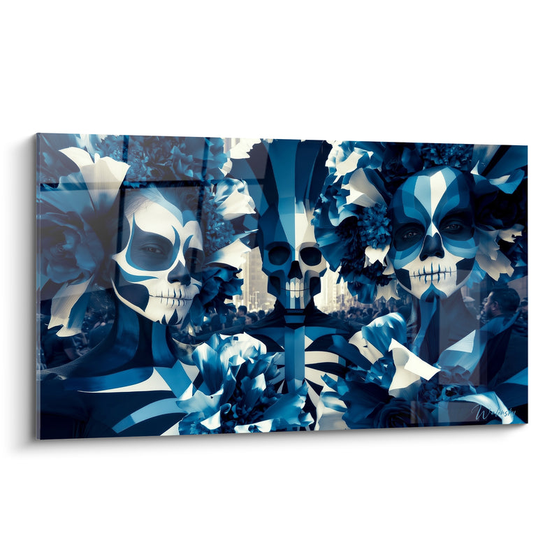 Tableau Visages peints bleu et blanc parmi les fleurs - Rituel nocturne - Edition Dia de los Muertos