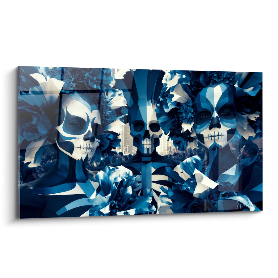 Tableau Visages peints bleu et blanc parmi les fleurs - Rituel nocturne - Edition Dia de los Muertos