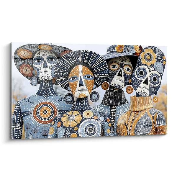 Quartet of Faces in Navy Blue and Ochre with Mosaic Patterns - Flowered Hat with Feathers - Dia de los Muertos Edition