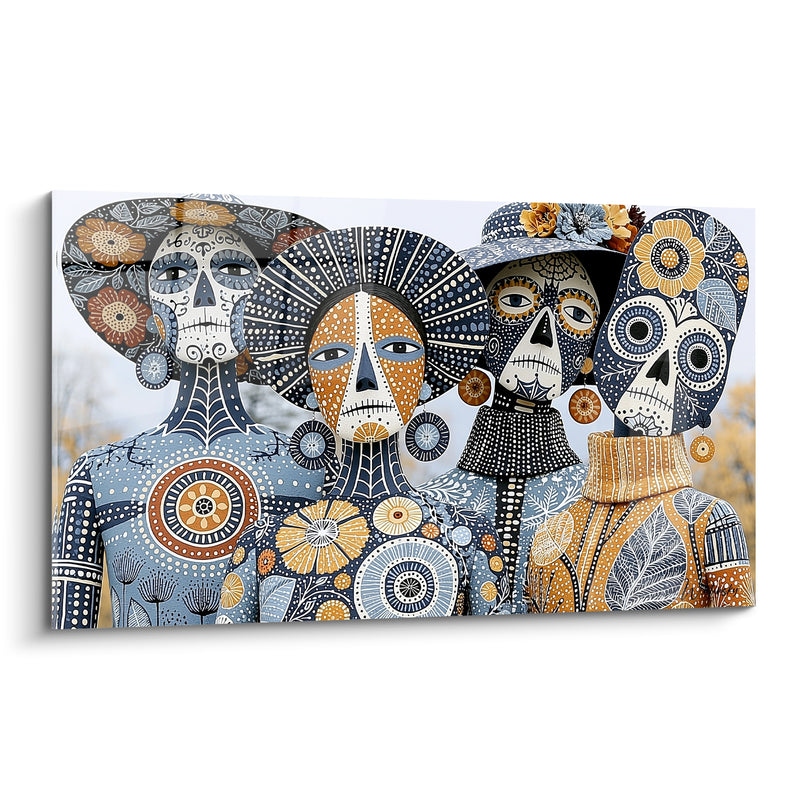 Tableau Quatuor de visages bleu marine et ocre aux motifs mosaïques - Chapeau fleuri à plumes - Edition Dia de los Muertos
