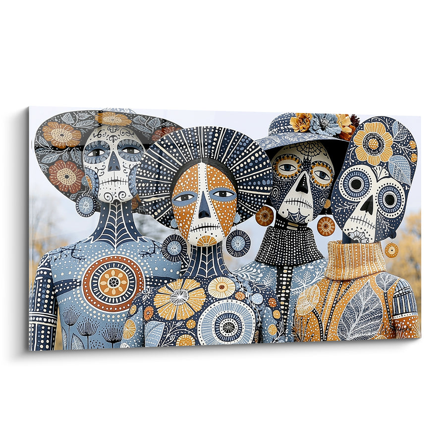 Tableau Quatuor de visages bleu marine et ocre aux motifs mosaïques - Chapeau fleuri à plumes - Edition Dia de los Muertos