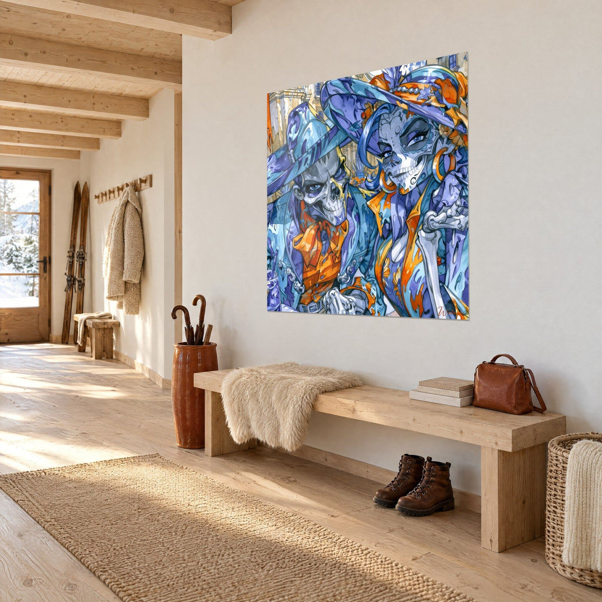 Tableau squelettes élégants au regard bleu, plumes violettes et col orange, aquarelle vue de trois quarts, entrée de chalet en bois clair