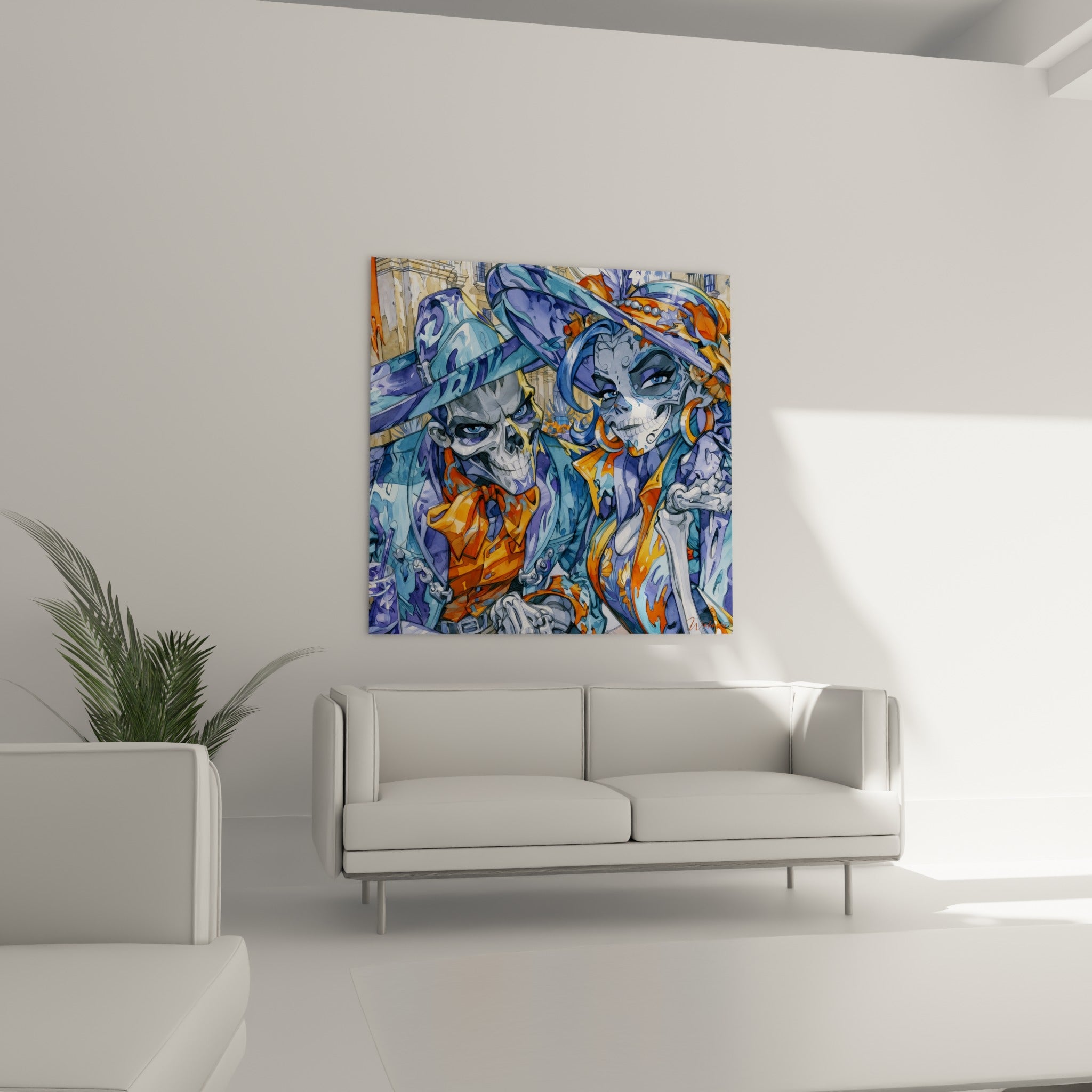 Squelettes élégants Dia de los Muertos peints en bleu et orange, au-dessus d'un canapé dans un salon lumineux