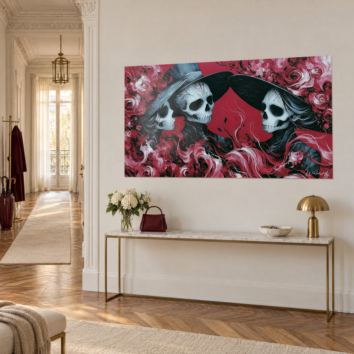 Gemälde elegante Skelette mit weißen Arabesken, dunkle Hüte, rosa Rosen, vergoldete Konsole, Flur im Haussmann-Stil
