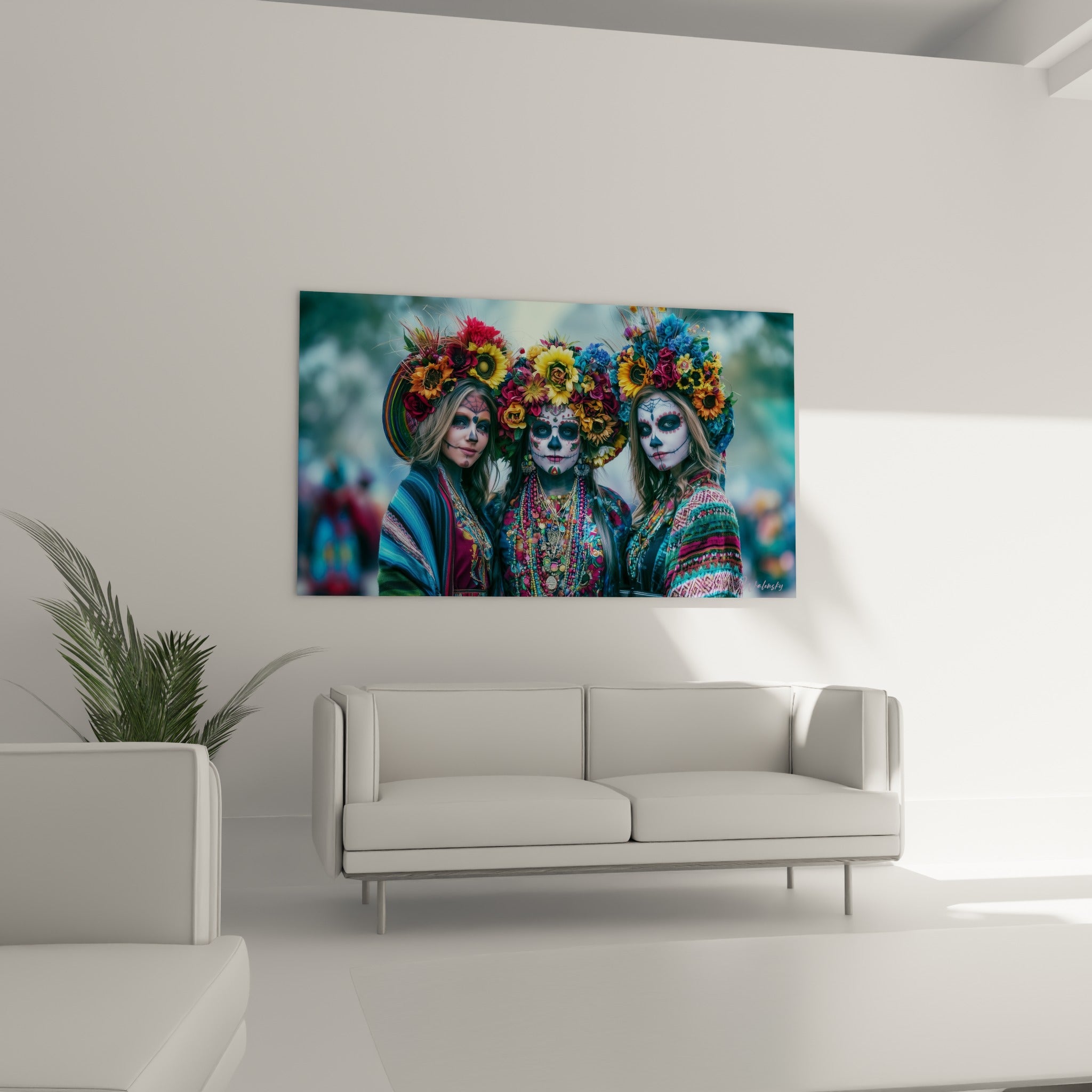 Visages maquillés en crâne rouge carmin et blanc crayeux entourés de perles dorées, au-dessus d'un canapé dans un salon lumineux