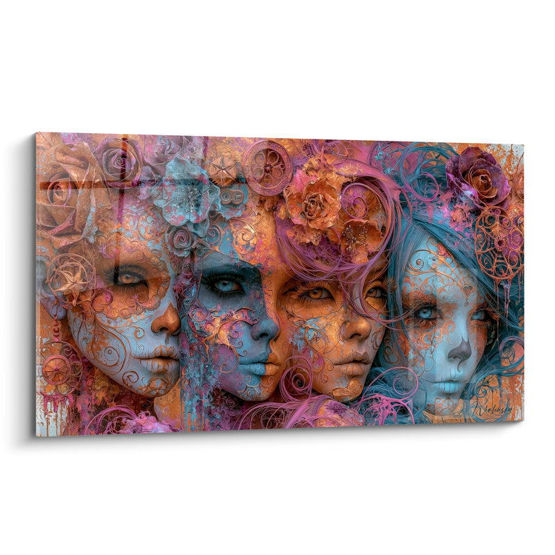 Tableau Quatre visages peints turquoise et cuivre aux volutes filigranées - Roses entrelacées dans les cheveux - Edition Dia de los Muertos