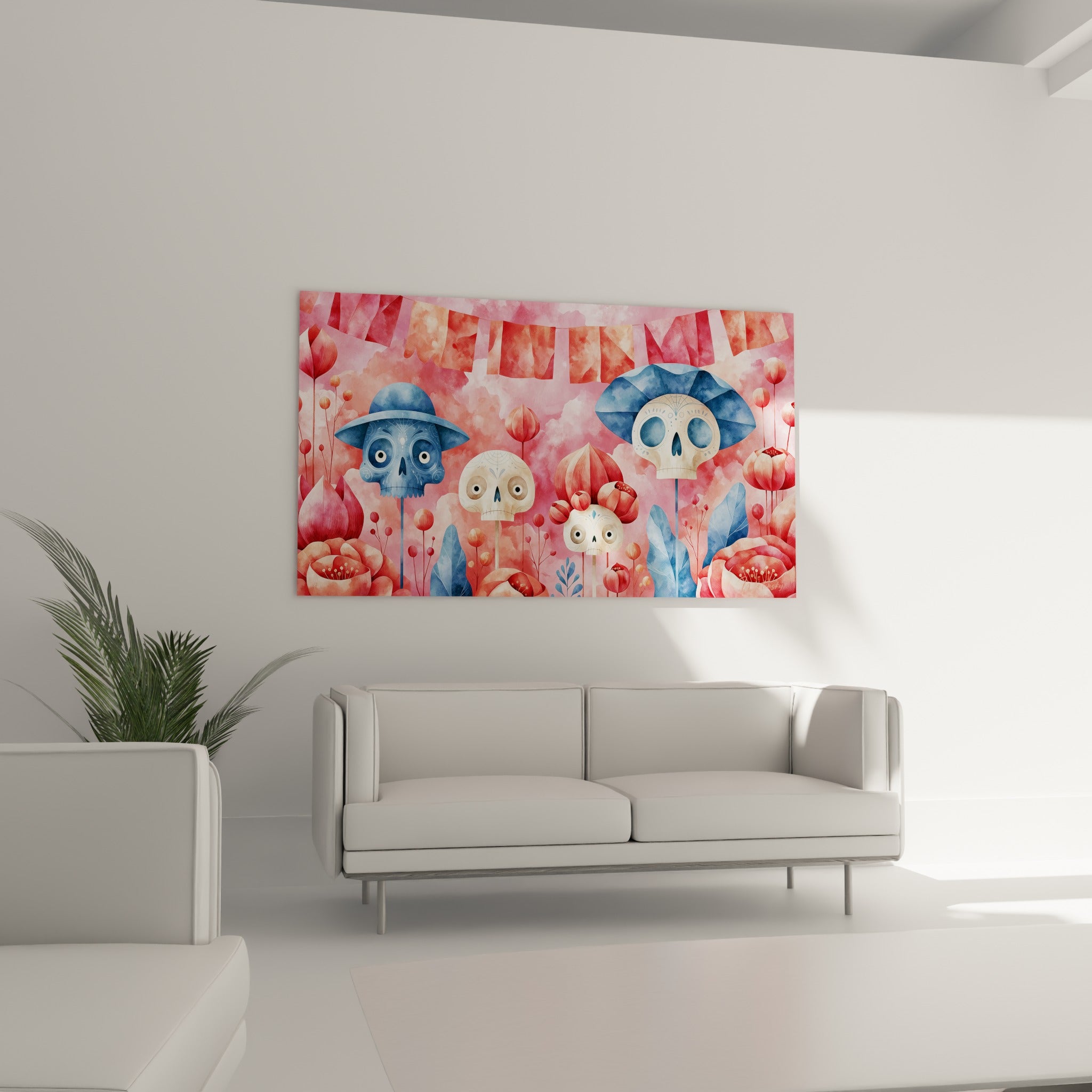 Visages de crânes blancs à motifs bleus parmi fleurs corail, au-dessus d'un canapé dans un salon lumineux
