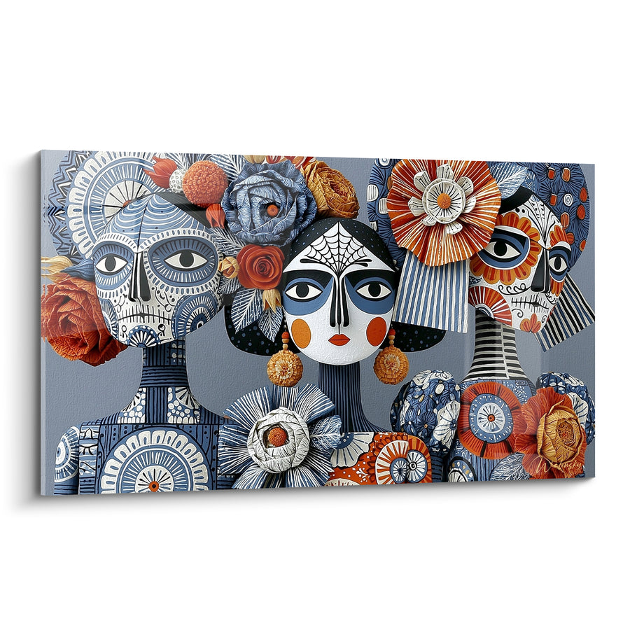 Tableau Trio de visages bleu et orange à toile d'araignée peinte - Rosace blanche plissée - Edition Dia de los Muertos