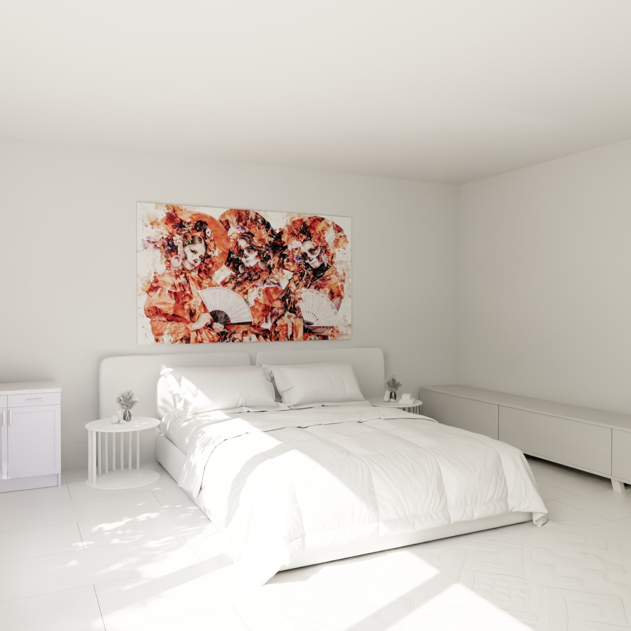 Catrinas fleuries en orange et violet ornent ce tableau Dia de los Muertos au-dessus d'un lit dans une chambre claire