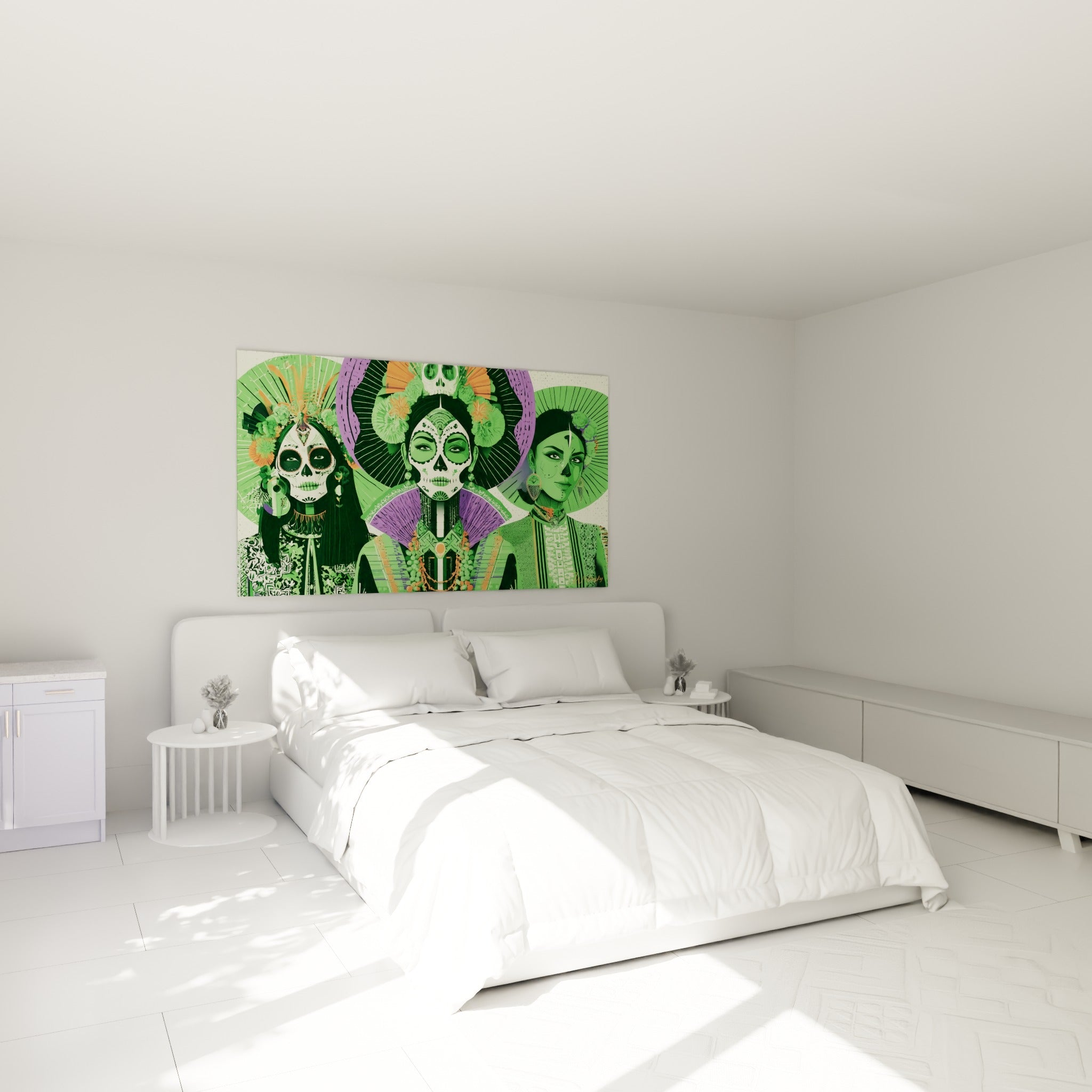 Catrinas vertes et violettes, maquillage crâne orné de fleurs, au-dessus d'un lit dans une chambre claire