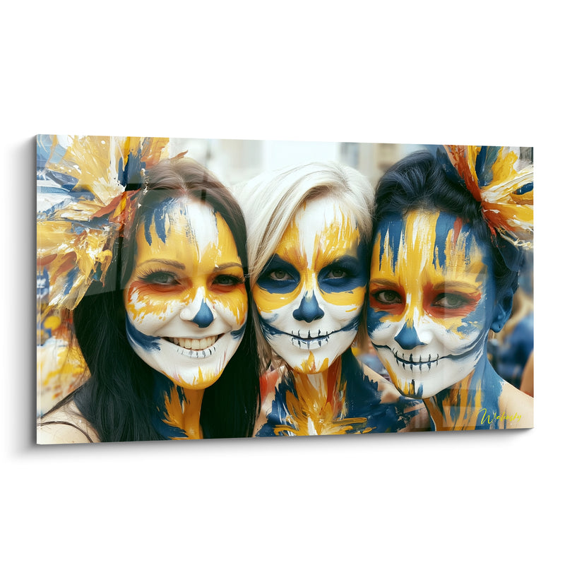Tableau Trois visages peints en jaune et bleu marine - Sourires célébrants - Edition Dia de los Muertos