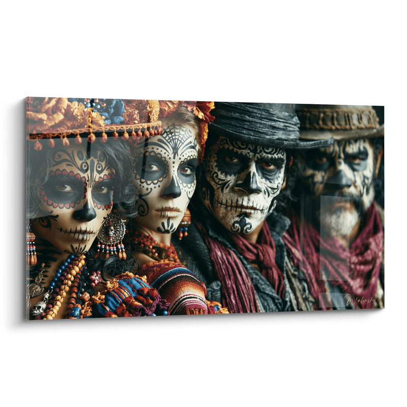 Tableau Visages peints noir et ivoire à l'écharpe bordeaux - Collier de perles multicolores - Edition Dia de los Muertos