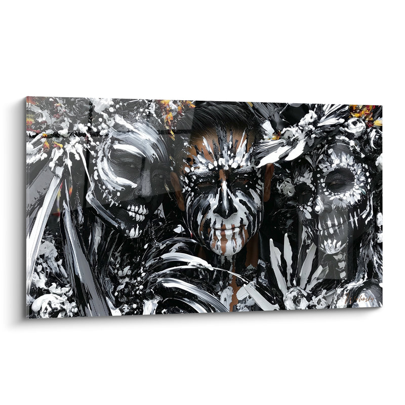 Tableau Trio de visages noir et blanc aux couronnes fleuries - Larmes peintes striées - Edition Dia de los Muertos