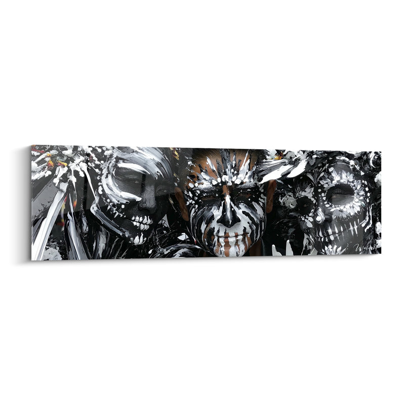 Tableau Trio de visages noir et blanc aux éclats saillants - Maquillage crâne givré - Edition Dia de los Muertos