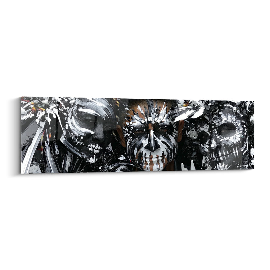 Tableau Trio de visages noir et blanc aux éclats saillants - Maquillage crâne givré - Edition Dia de los Muertos