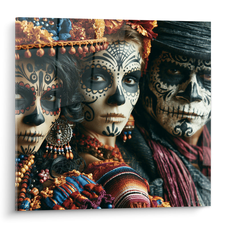 Tableau Trois visages maquillés en crâne ocre et noir - Veillée des ancêtres - Edition Dia de los Muertos