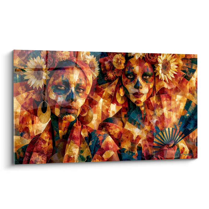 Tableau Duo de visages terracotta et doré aux tournesols - Éventail plissé tenu - Edition Dia de los Muertos